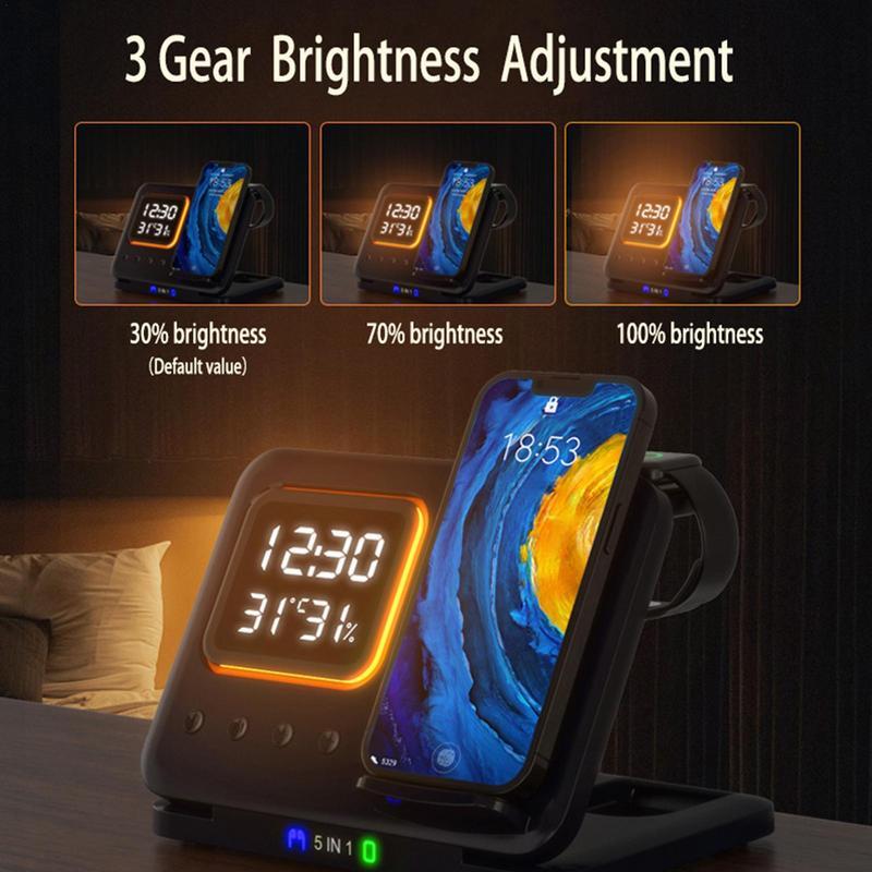 5-in-1 Wireless Charging Dock with LED Alarm Clock – 15W Fast Charge