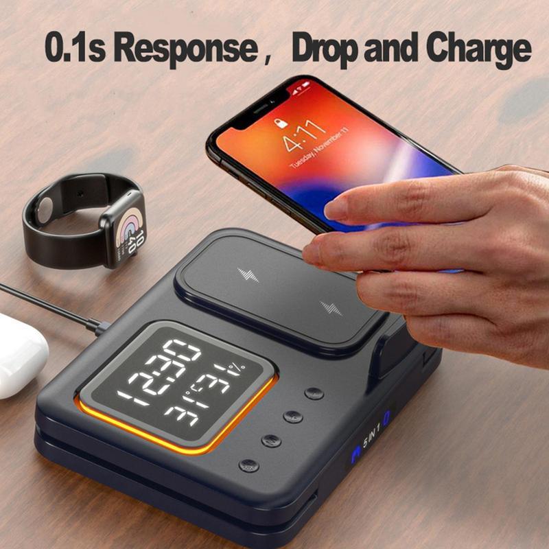 5-in-1 Wireless Charging Dock with LED Alarm Clock – 15W Fast Charge