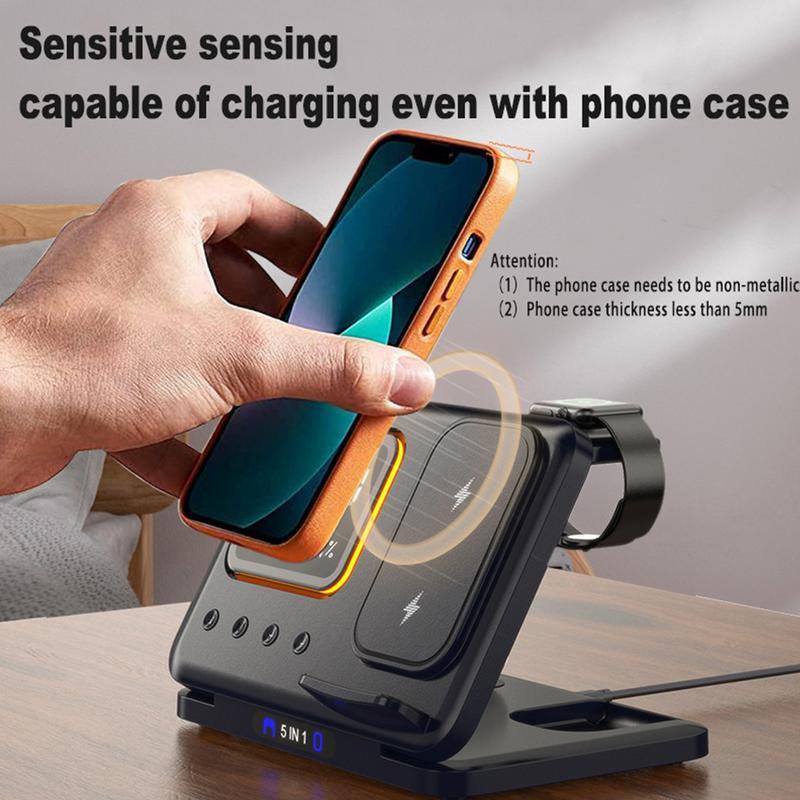 5-in-1 Wireless Charging Dock with LED Alarm Clock – 15W Fast Charge