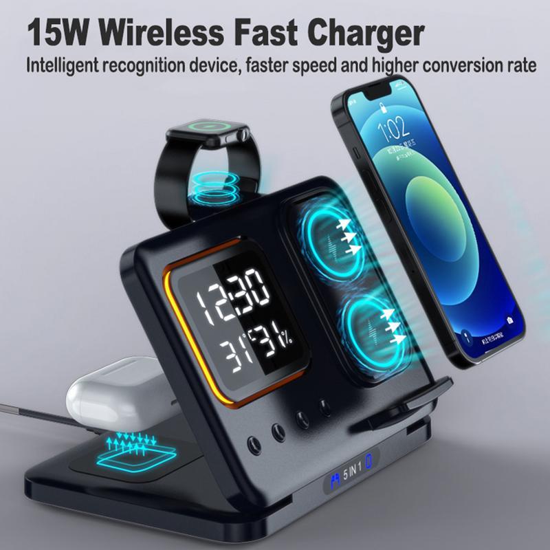 5-in-1 Wireless Charging Dock with LED Alarm Clock – 15W Fast Charge