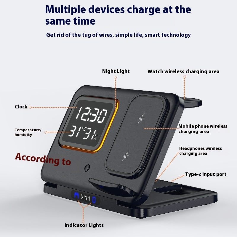 5-in-1 Wireless Charging Dock with LED Alarm Clock – 15W Fast Charge