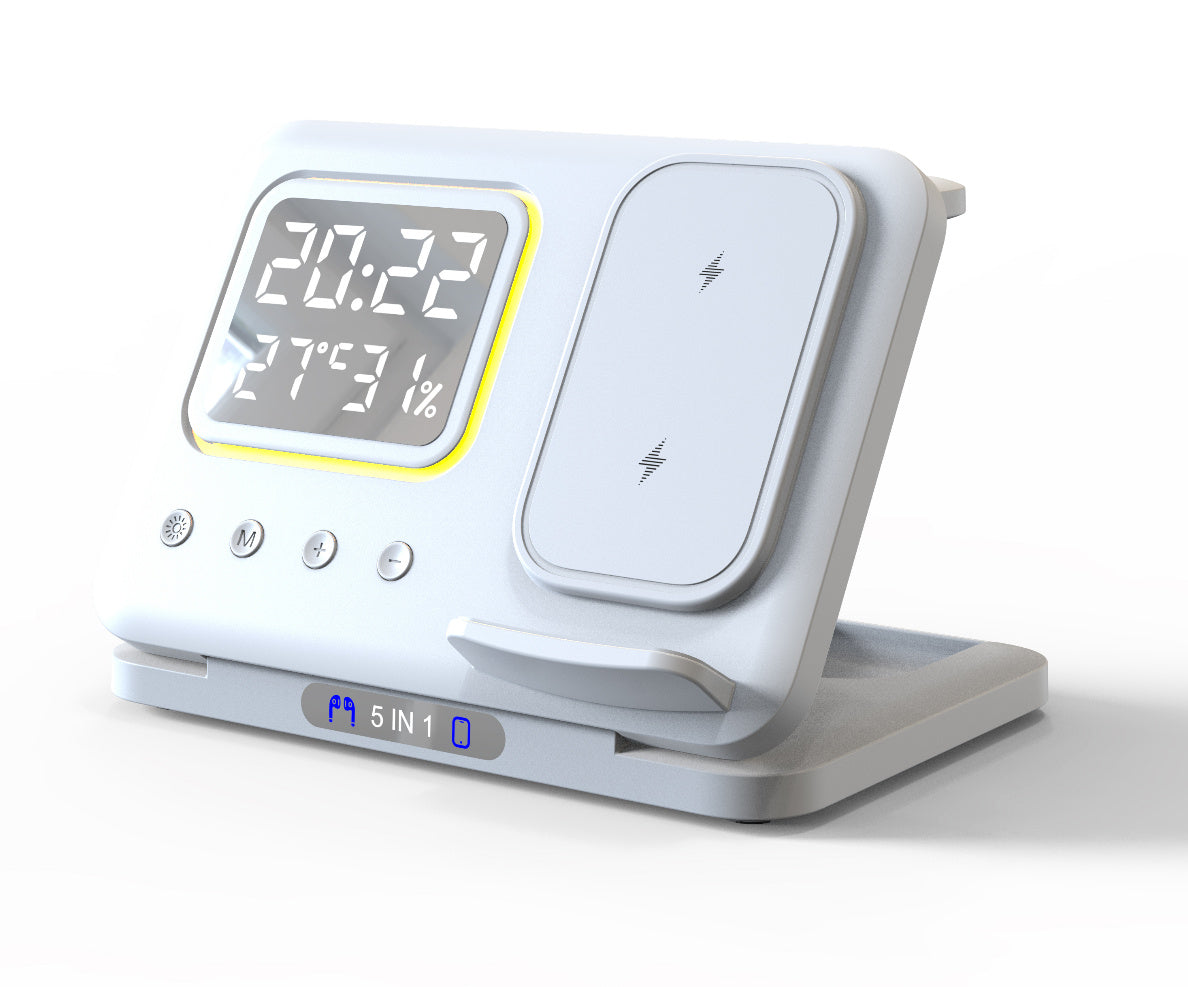 5-in-1 Wireless Charging Dock with LED Alarm Clock – 15W Fast Charge