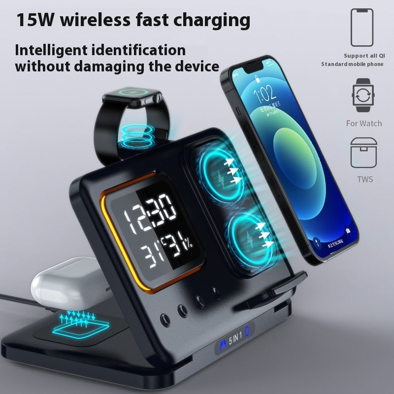 5-in-1 Wireless Charging Dock with LED Alarm Clock – 15W Fast Charge