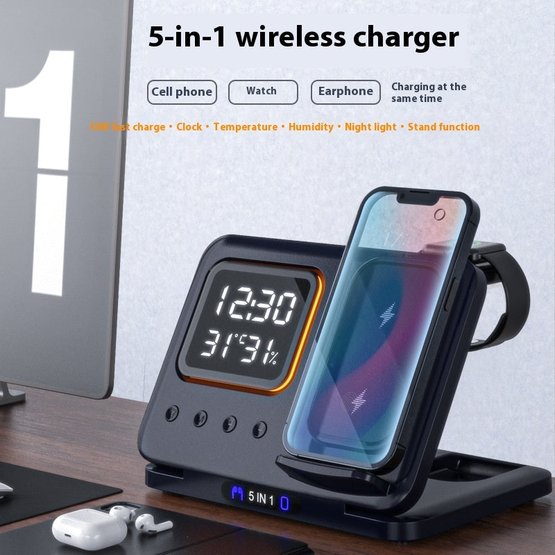5-in-1 Wireless Charging Dock with LED Alarm Clock – 15W Fast Charge
