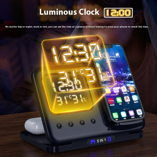 5-in-1 Wireless Charging Dock with LED Alarm Clock – 15W Fast Charge