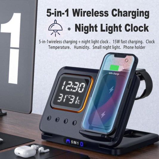 5-in-1 Wireless Charging Dock with LED Alarm Clock – 15W Fast Charge